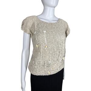 Filene's Vintage Linen Cotton Cream Beaded Short Sleeve Knit Sweater Top Small